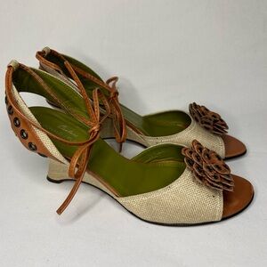 Donald Pliner Couture Ankle Tie Wedge Sandal Leather Brown Green Women’s Size 10